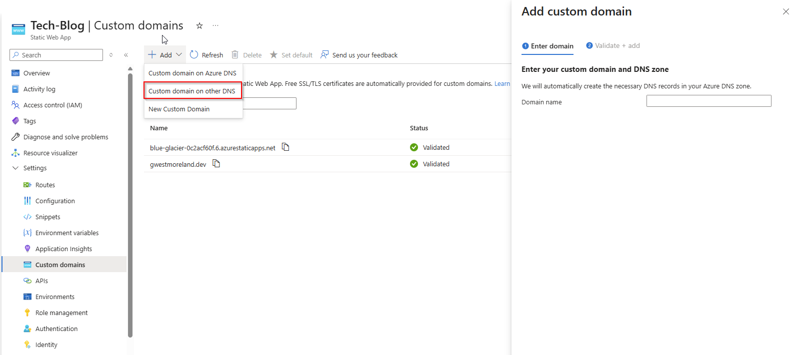 Screenshot of Custom Domains